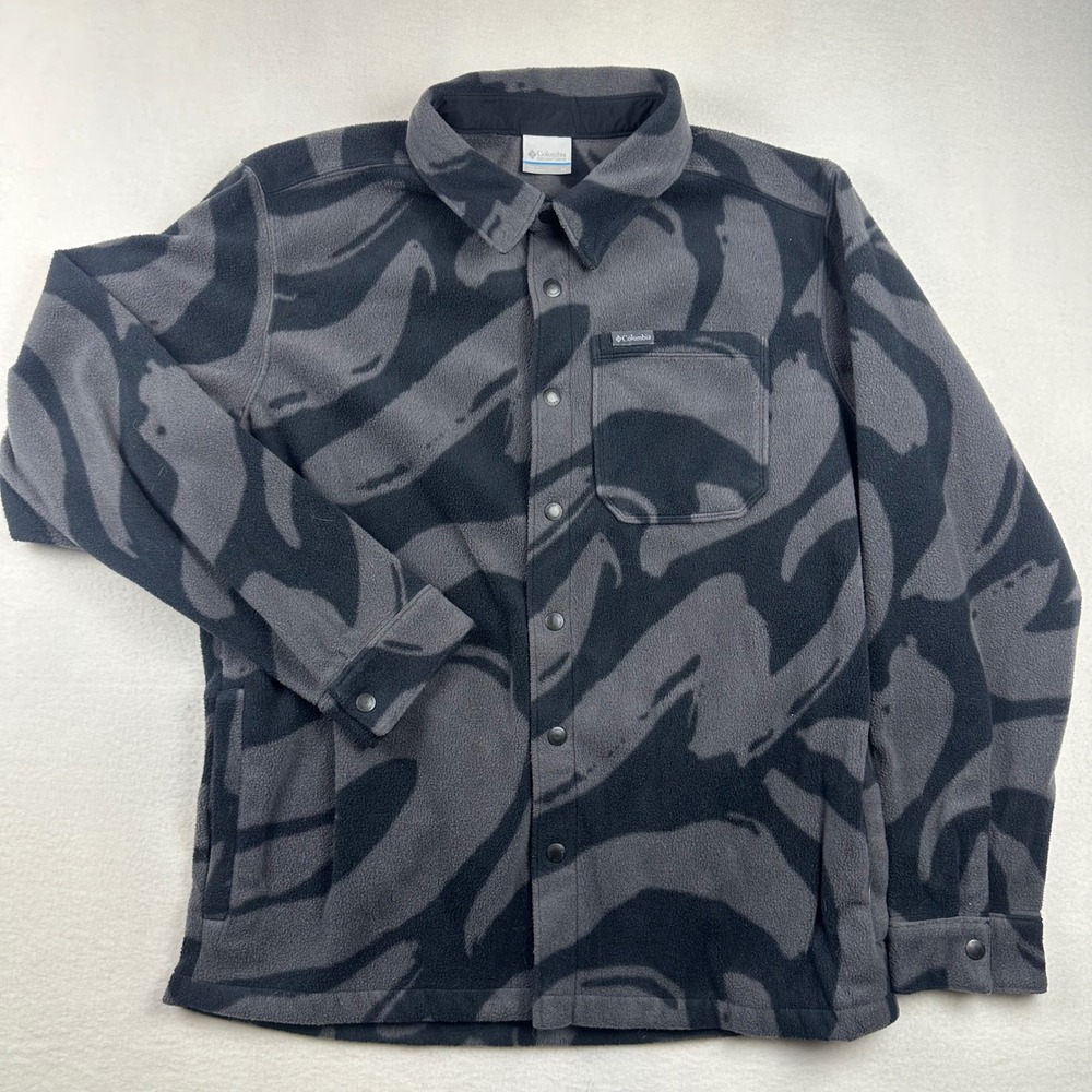 Columbia Fleece Shirt Jacket Mens M Gray Abstract Steens Mountain Snap Gorpcore